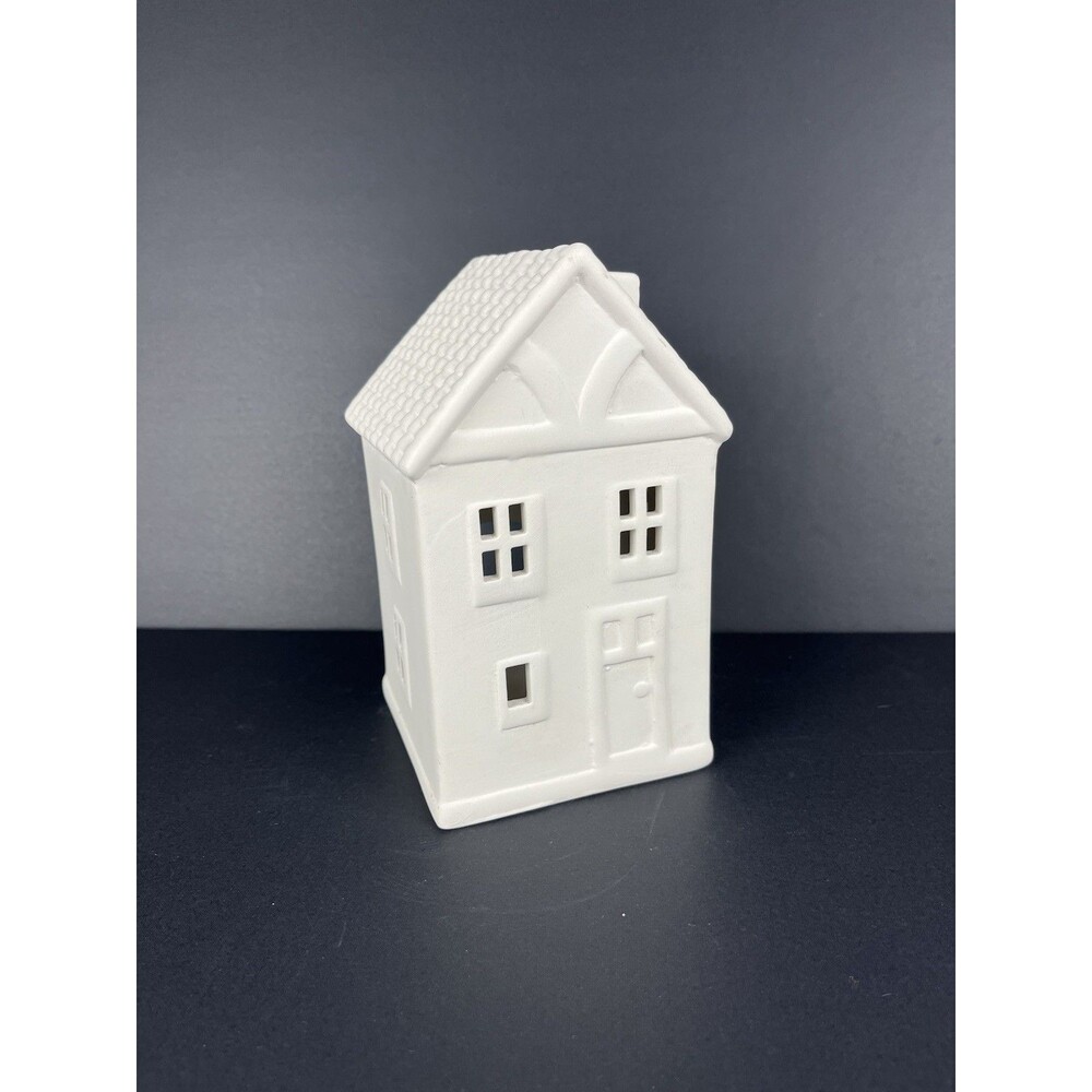Crate & Barrel White Ceramic Two Story Village House Luminary Curved‎ Roof